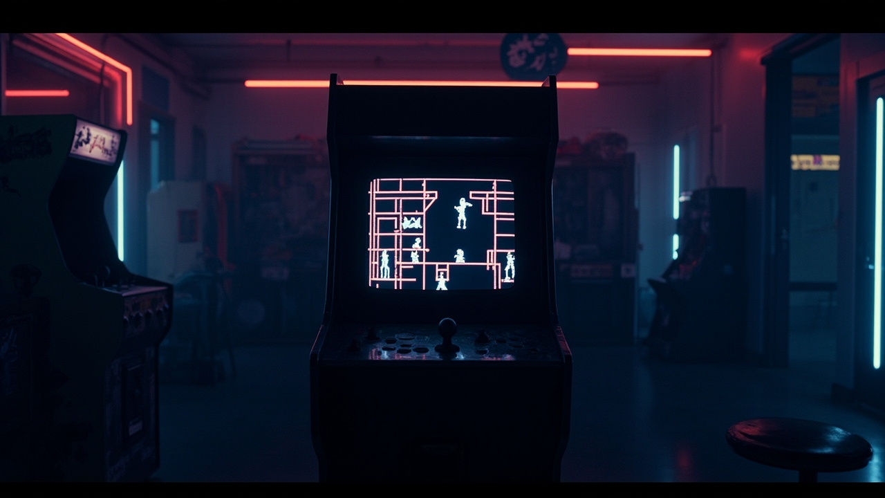 Stylized illustration of a 1980s arcade cabinet with abstract action platformer imagery in neon light