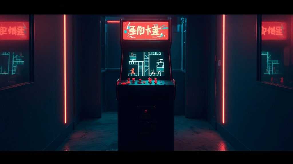 Stylized illustration of a 1980s arcade cabinet with abstract platform imagery in neon light