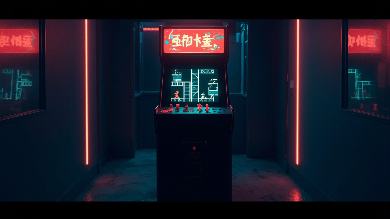 Stylized illustration of a 1980s arcade cabinet with abstract platform imagery in neon light