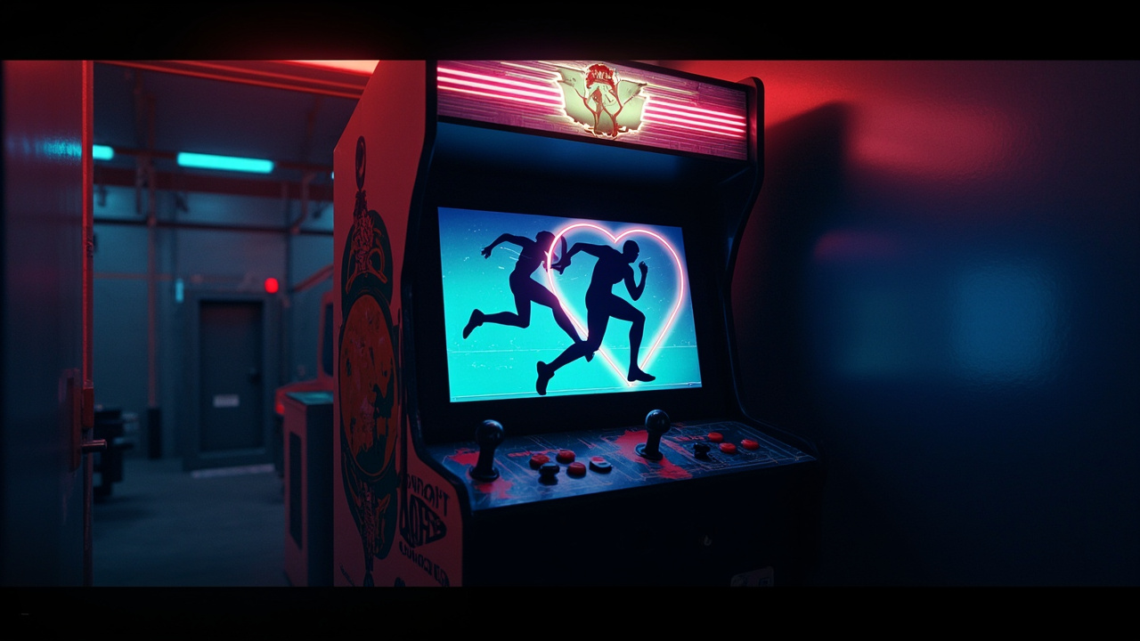 Stylized illustration of a 1980s arcade cabinet with abstract one-on-one fighting game imagery in neon light