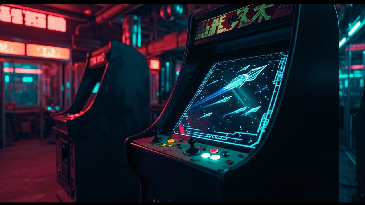 Stylized illustration of a 1980s arcade cabinet with abstract space flight simulation imagery in neon light