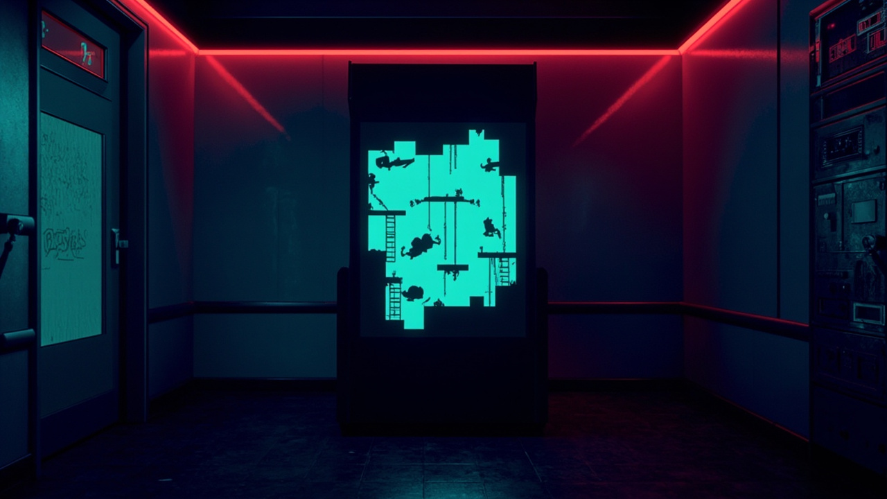 Stylized illustration of a 1980s arcade cabinet with abstract platform imagery in neon light