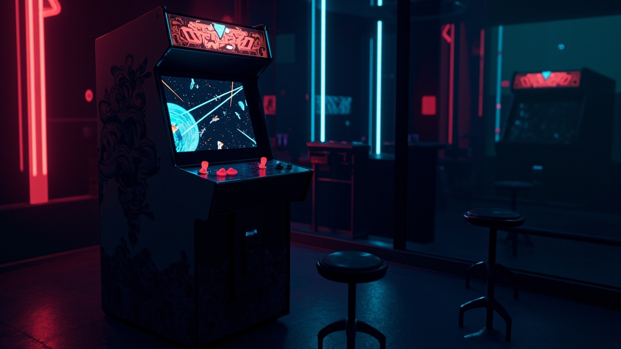 Stylized illustration of a 1980s arcade cabinet with abstract horizontally scrolling shooter imagery in neon light