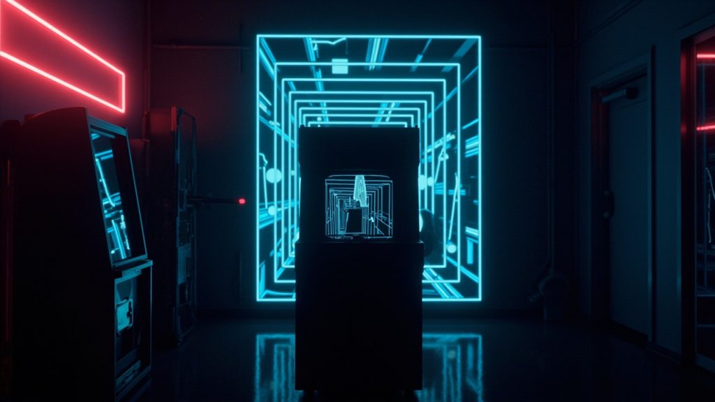 Stylized illustration of a 1980s arcade cabinet with abstract maze game imagery in neon light