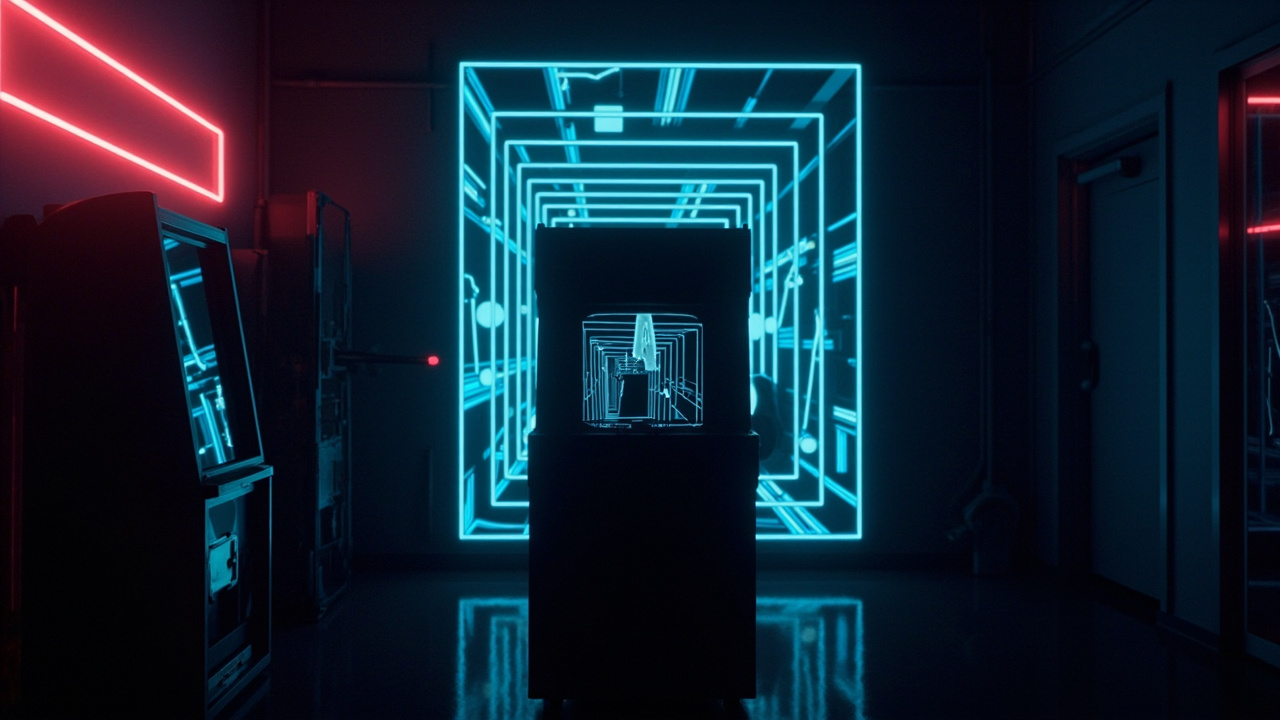Stylized illustration of a 1980s arcade cabinet with abstract maze game imagery in neon light