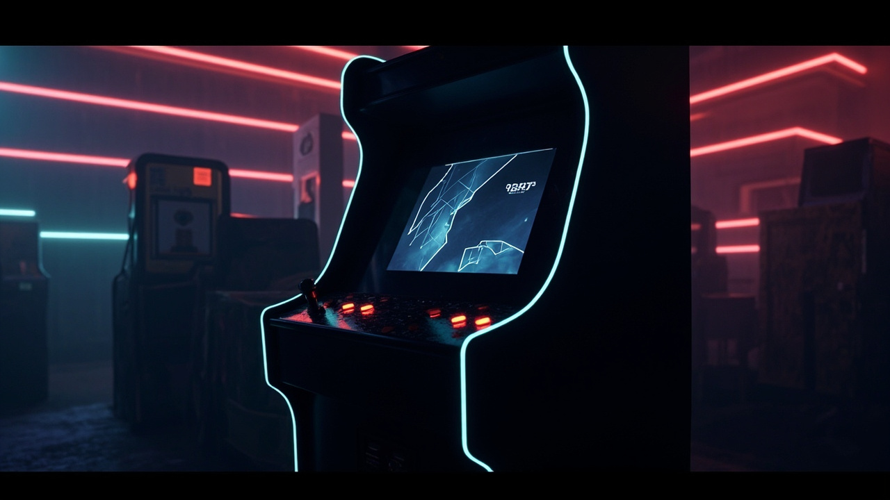 Stylized illustration of a 1980s arcade cabinet with abstract action imagery in neon light
