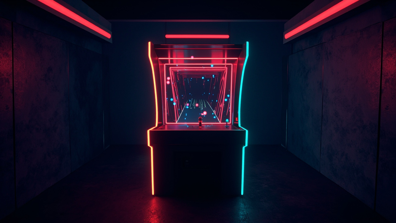 Stylized illustration of a 1980s arcade cabinet with abstract maze imagery in neon light