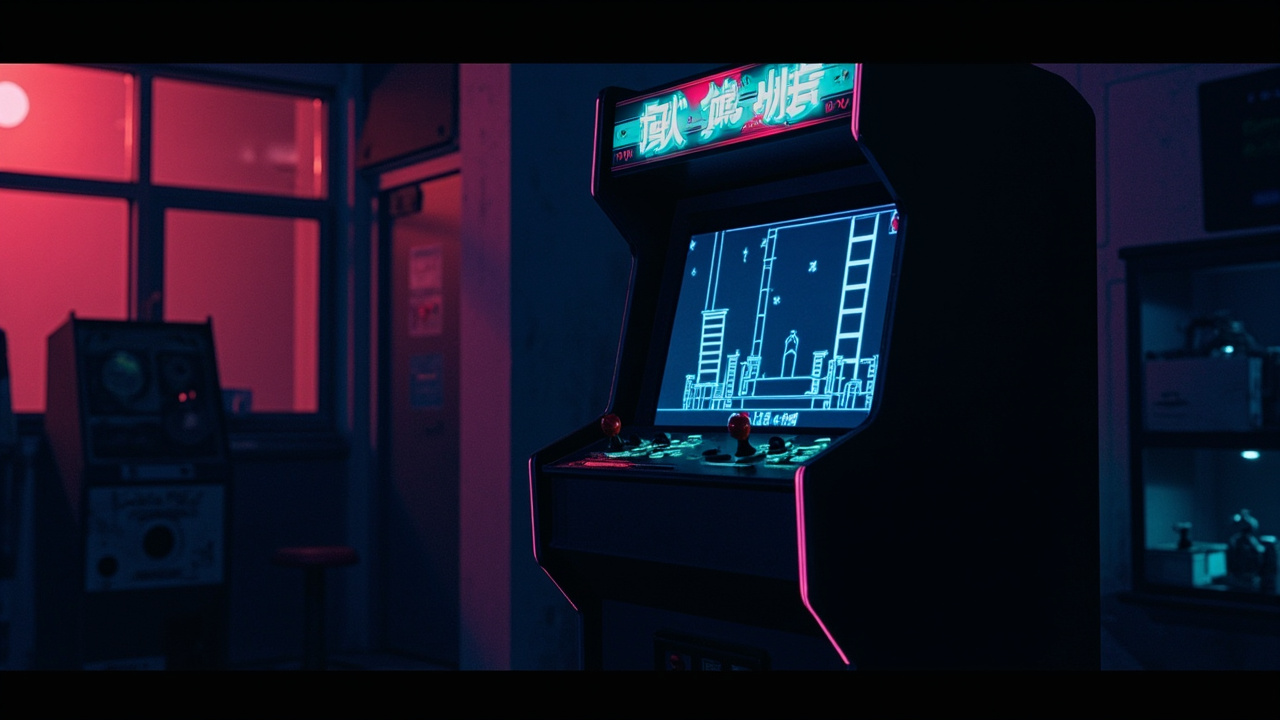 Stylized illustration of a 1980s arcade cabinet with abstract platform game imagery in neon light