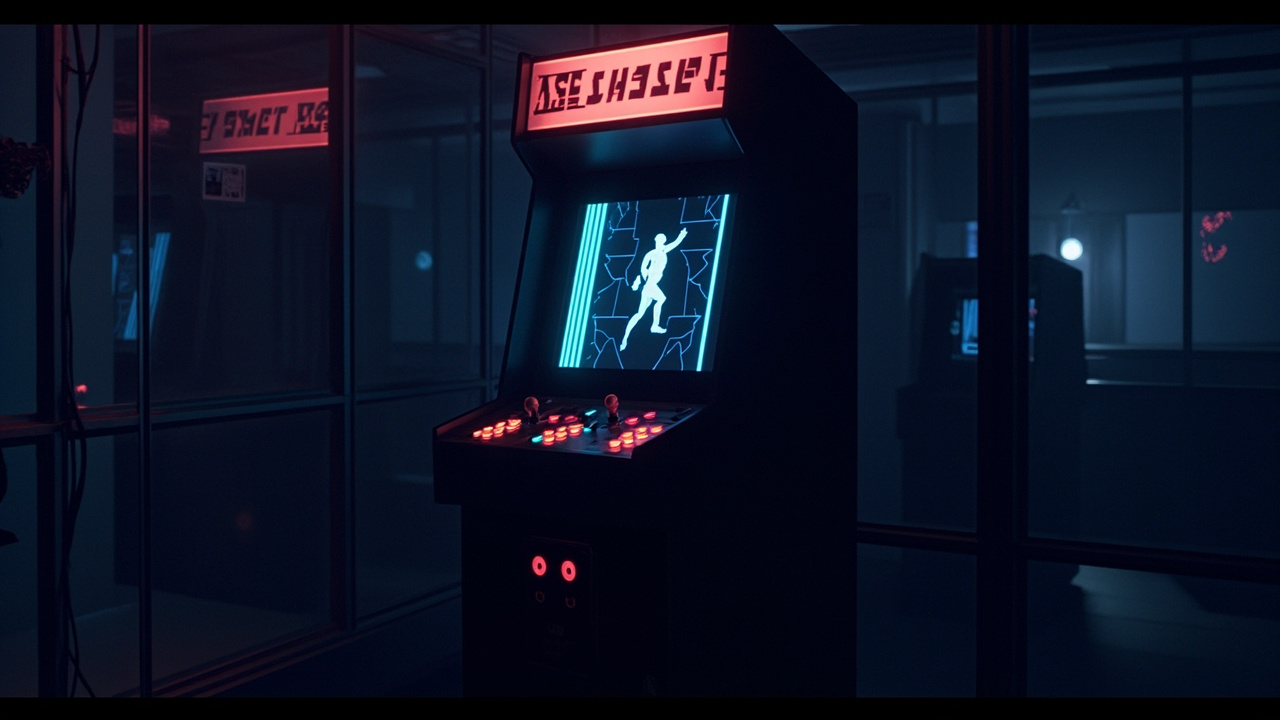 Stylized illustration of a 1980s arcade cabinet with abstract boxing sports imagery in neon light