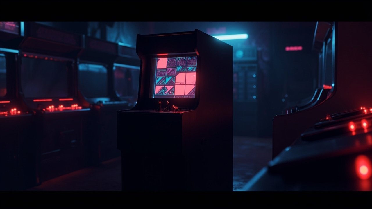 Stylized illustration of a 1980s arcade cabinet with abstract action-puzzle imagery in neon light