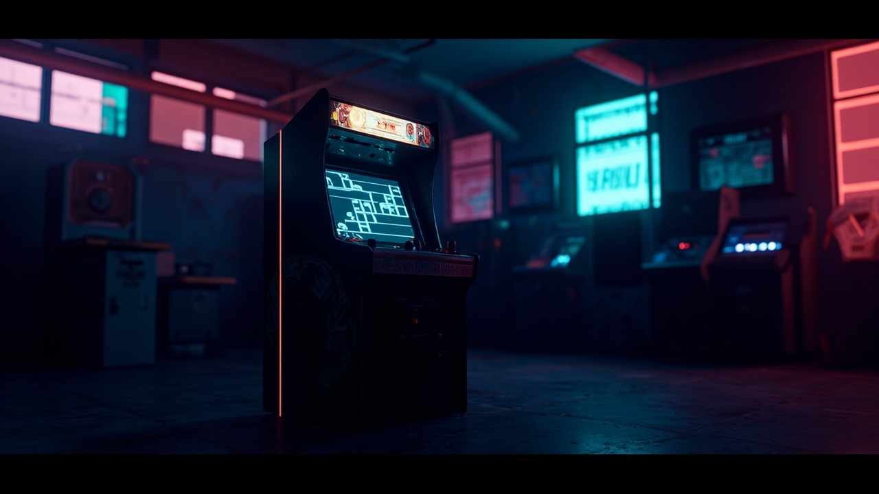 Stylized illustration of a 1980s arcade cabinet with abstract puzzle imagery in neon light