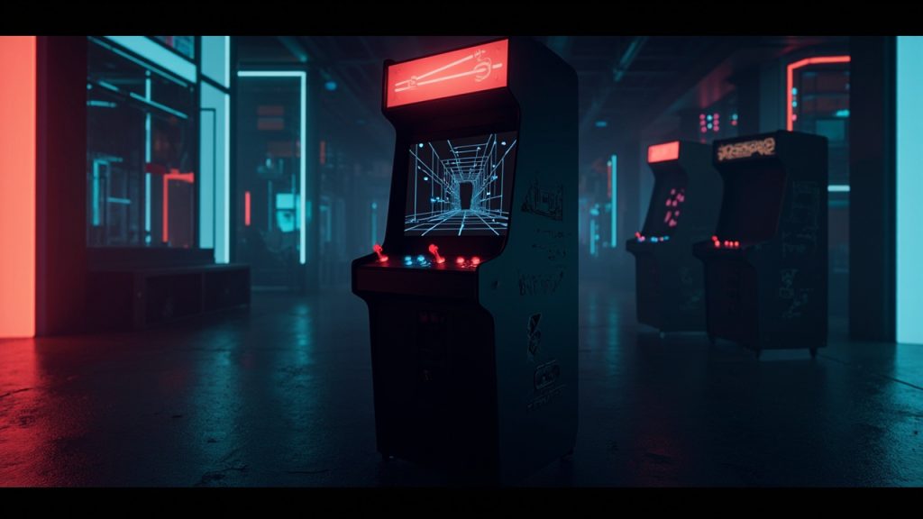 Stylized illustration of a 1980s arcade cabinet with abstract maze chase imagery in neon light