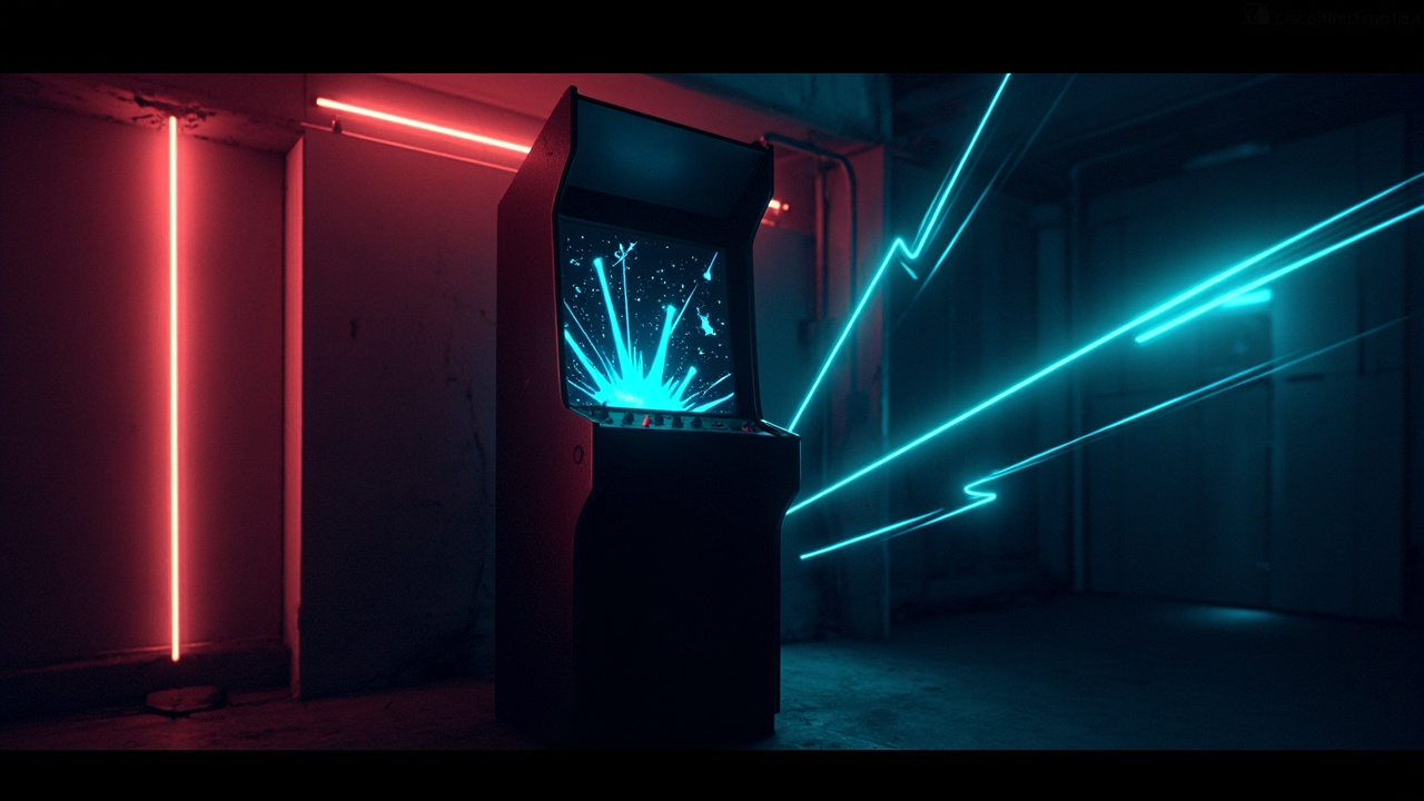Stylized illustration of a 1980s arcade cabinet with abstract horizontal scrolling shooter imagery in neon light