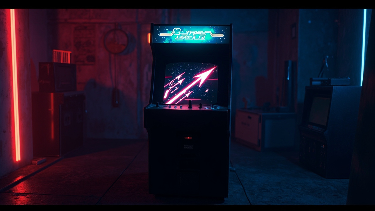 Stylized illustration of a 1980s arcade cabinet with abstract multidirectional shooter imagery in neon light