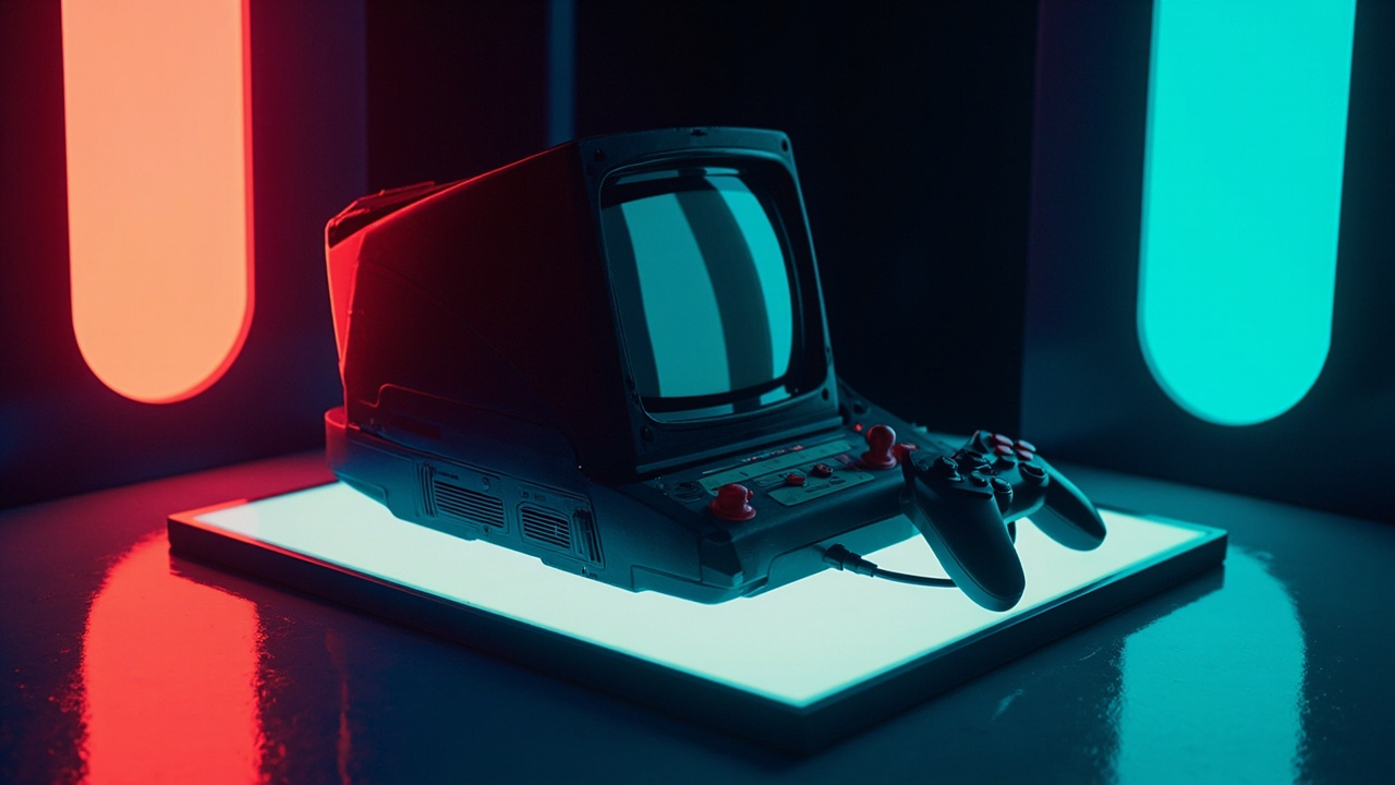 Stylized illustration of a mid-1980s game console on a glowing pedestal