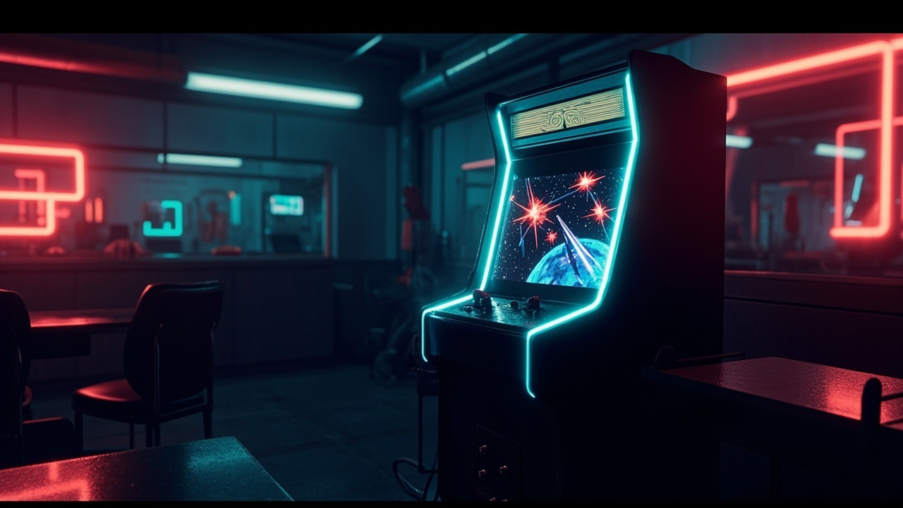 Stylized illustration of a 1980s arcade cabinet with abstract tube shooter imagery in neon light
