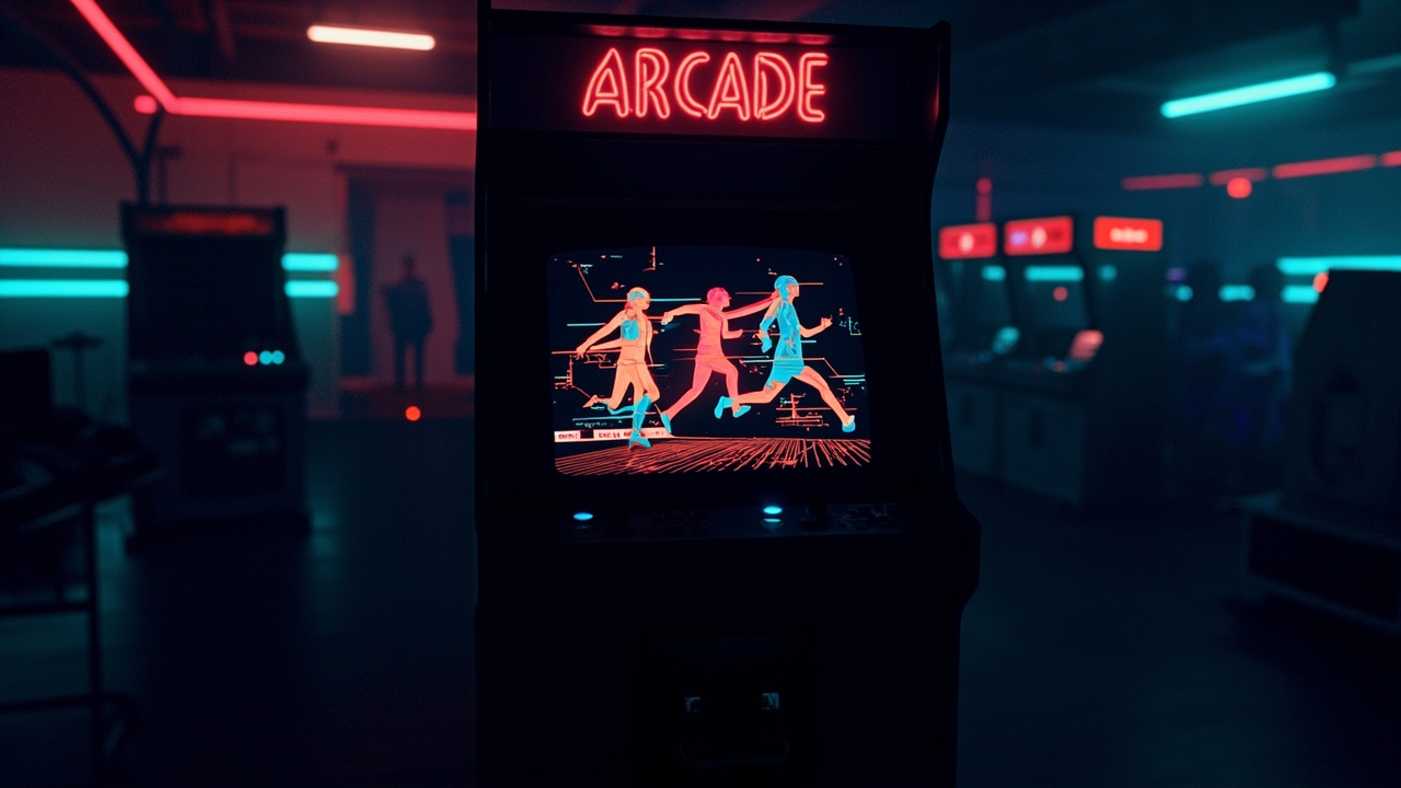 Stylized illustration of a 1980s arcade cabinet with abstract sports imagery in neon light