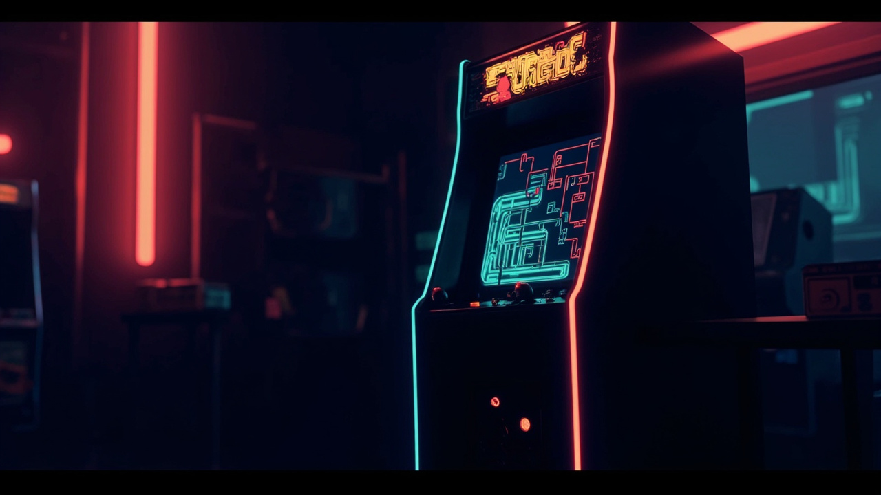 Stylized illustration of a 1980s arcade cabinet with abstract action imagery in neon light