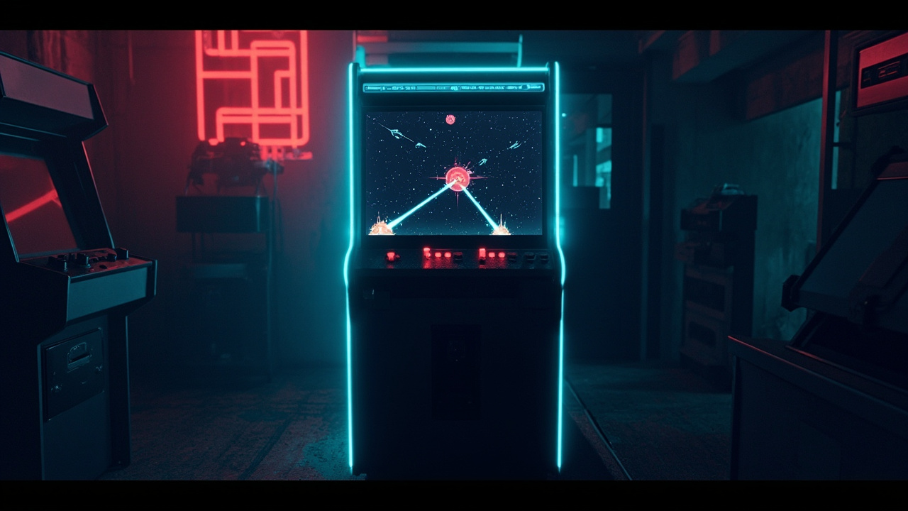 Stylized illustration of a 1980s arcade cabinet with abstract scrolling shooter imagery in neon light