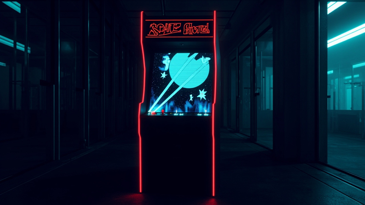 Stylized illustration of a 1980s arcade cabinet with abstract vertically scrolling shooter imagery in neon light