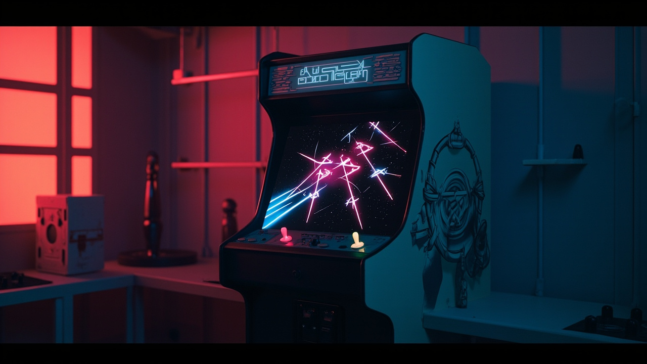 Stylized illustration of a 1980s arcade cabinet with abstract scrolling shooter imagery in neon light