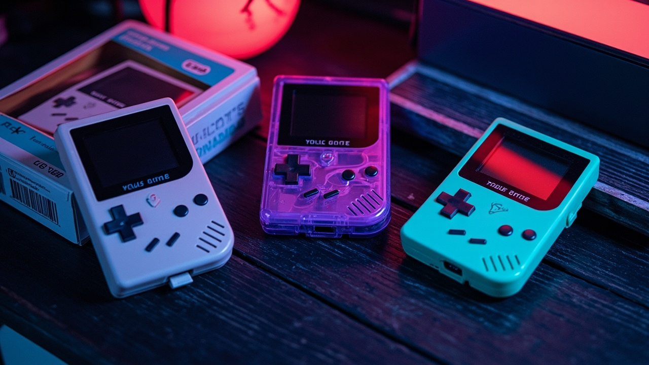 Illustration: Three retro-styled handheld gaming consoles in white, transparent purple, and mint green are arranged on a wooden surface beside their packaging.