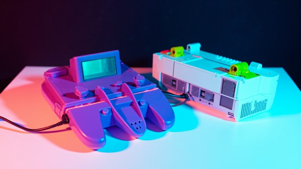 Illustration: Two video game consoles, one in translucent purple and one in white, each accompanied by a matching-colored three-pronged controller and a game cartridge inserted on top, sit on a white surface.