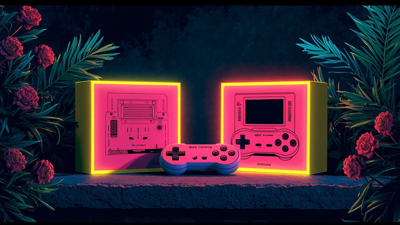 Illustration: Two brightly colored pink and yellow boxes displaying stylized line-art illustrations of a video game console and a matching game controller sit side by side on a stone ledge in front of flowering plants.