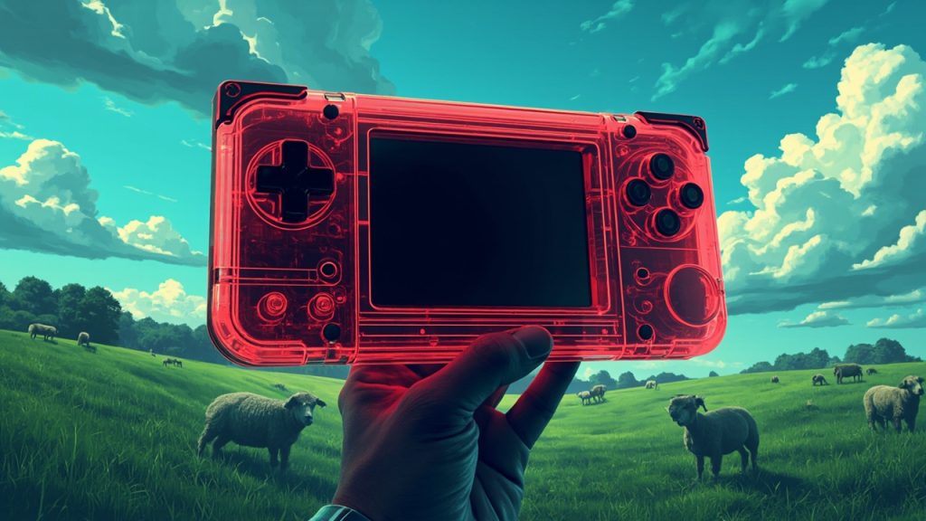 Illustration: A translucent red video game console with a cartridge slot and controller port is held aloft against a backdrop of a green pasture with grazing sheep under a partly cloudy sky.