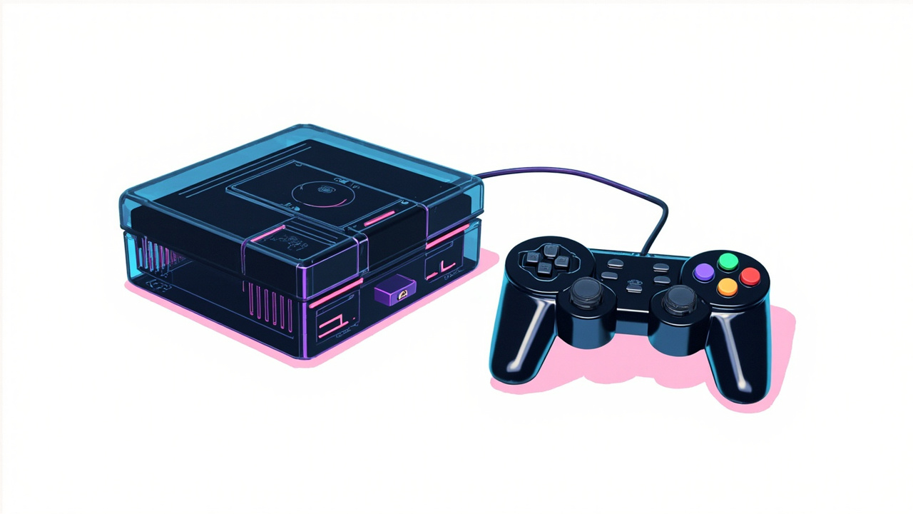 Illustration: Two translucent dark gray electronic gaming devices—a rectangular console with a top-loading cartridge slot, power button, and four controller ports, alongside a matching three-pronged controller with a purple directional pad and multicolored action