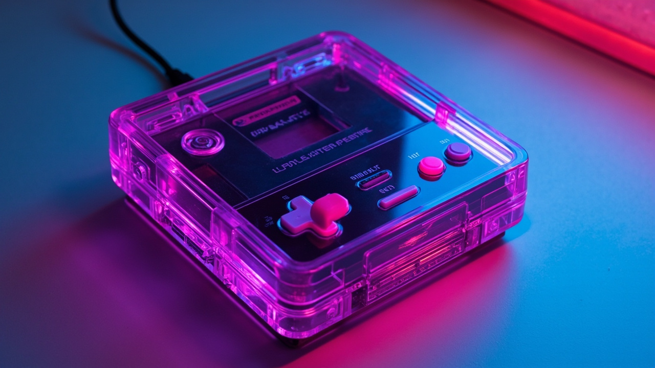 Illustration: A translucent purple mini gaming console with an inserted cartridge, pink and purple buttons, gray control buttons, and a matching controller sits on a light surface.