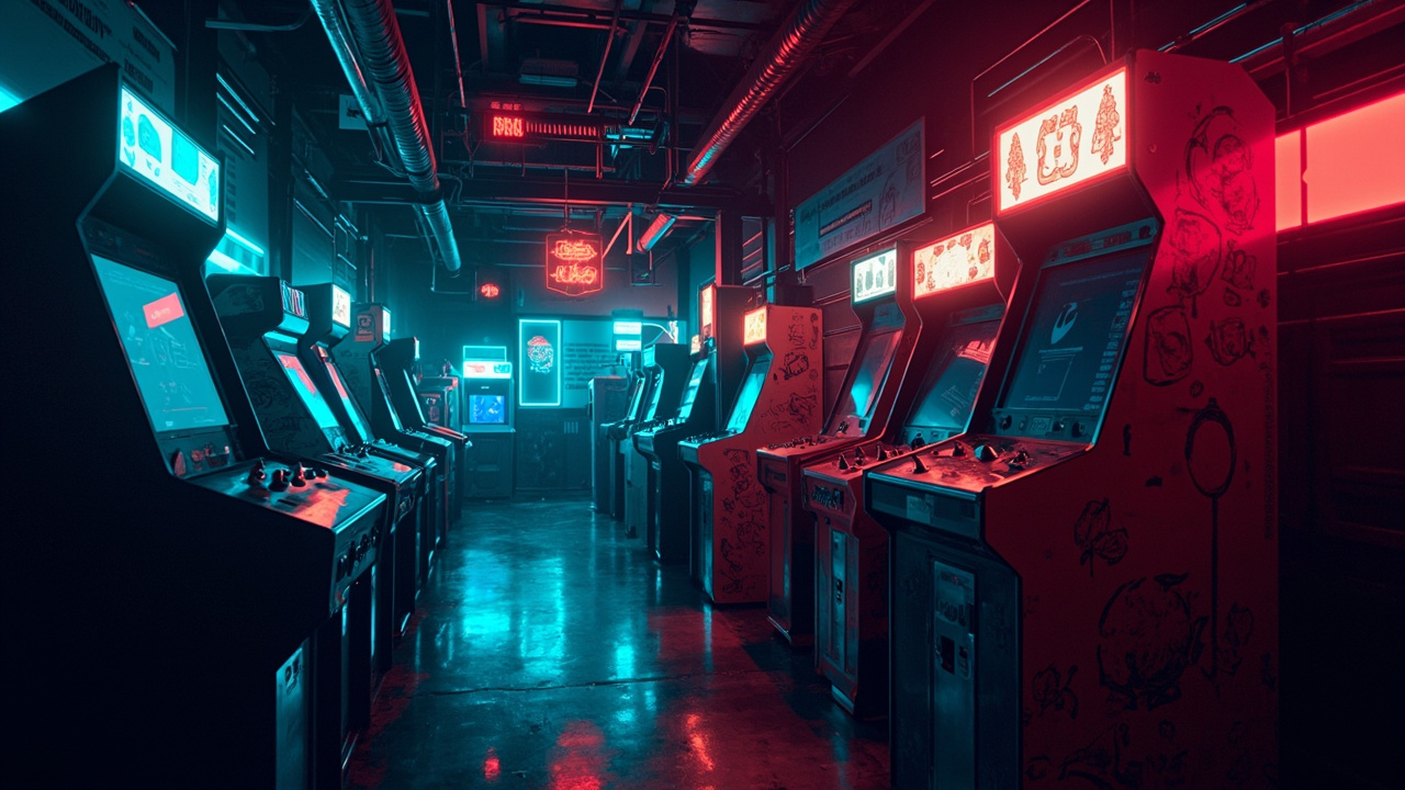 Illustration of a neon-lit retro arcade interior