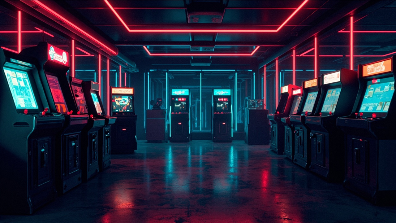 Illustration of a neon-lit retro arcade interior