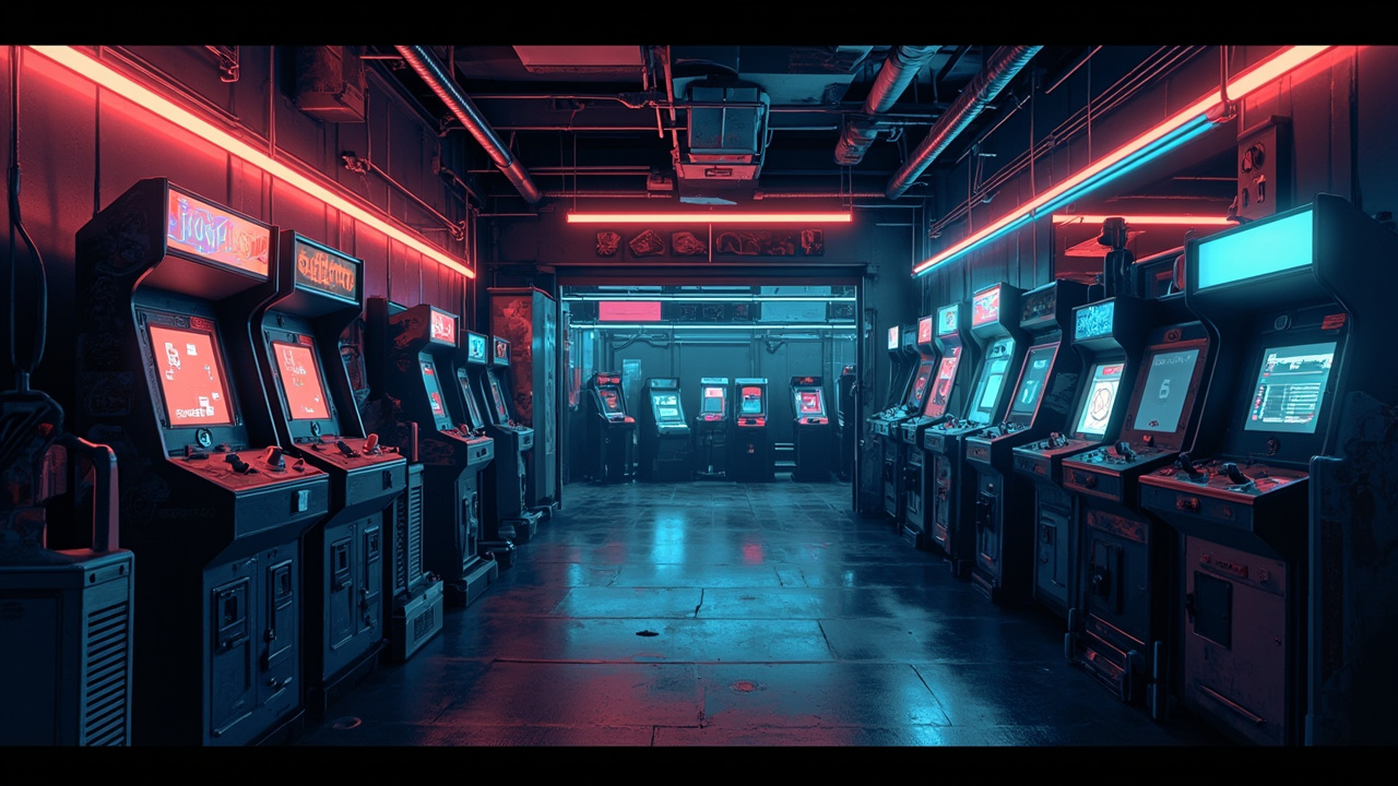 Illustration of a neon-lit retro arcade interior