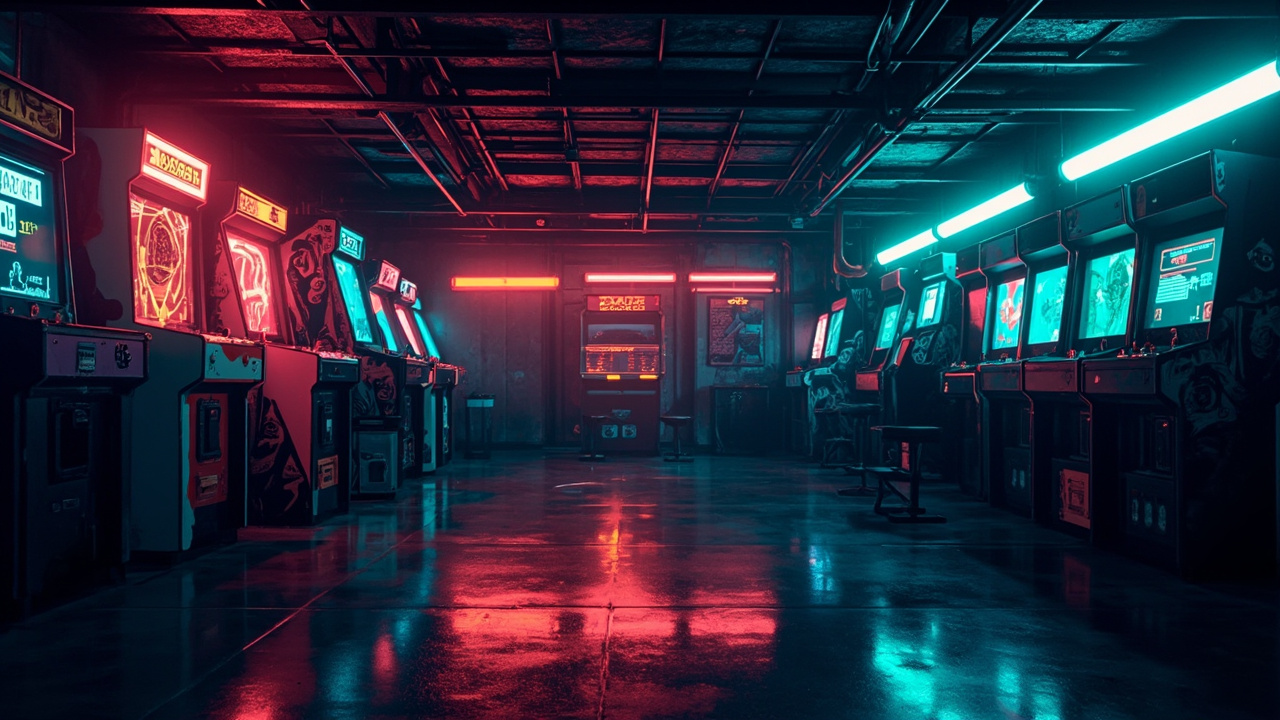 Illustration of a neon-lit retro arcade interior