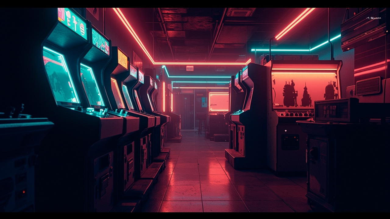 Illustration of a neon-lit retro arcade interior