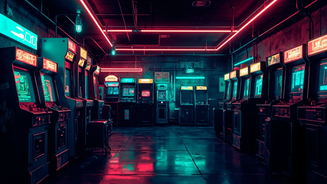 Illustration of a neon-lit retro arcade interior