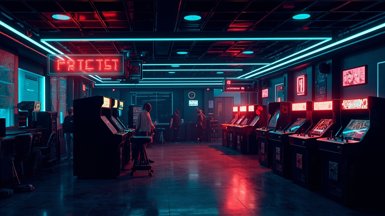 Illustration of a neon-lit retro arcade interior