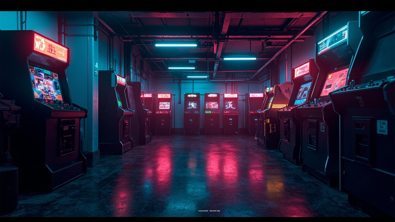 Illustration of a neon-lit retro arcade interior