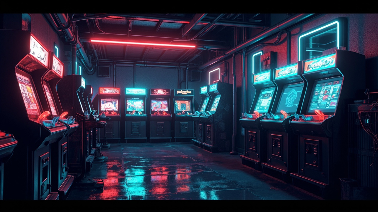 Illustration of a neon-lit retro arcade interior