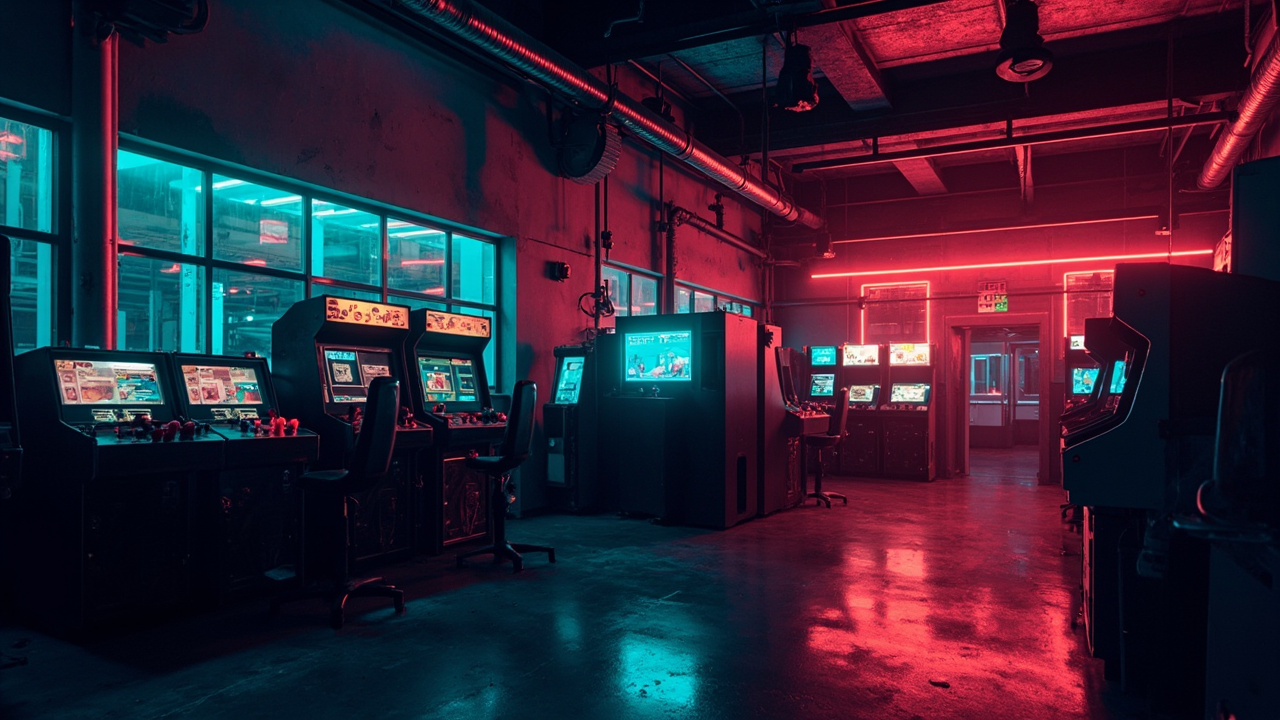 Illustration of a neon-lit retro arcade interior