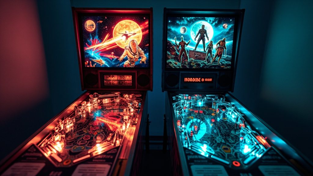 Illustration: Two illuminated pinball machines stand side by side, one featuring vibrant sci-fi space artwork with spaceships and a futuristic figure, and the other displaying fantasy dungeon-crawler artwork with various mythical characters standing on rocky terra