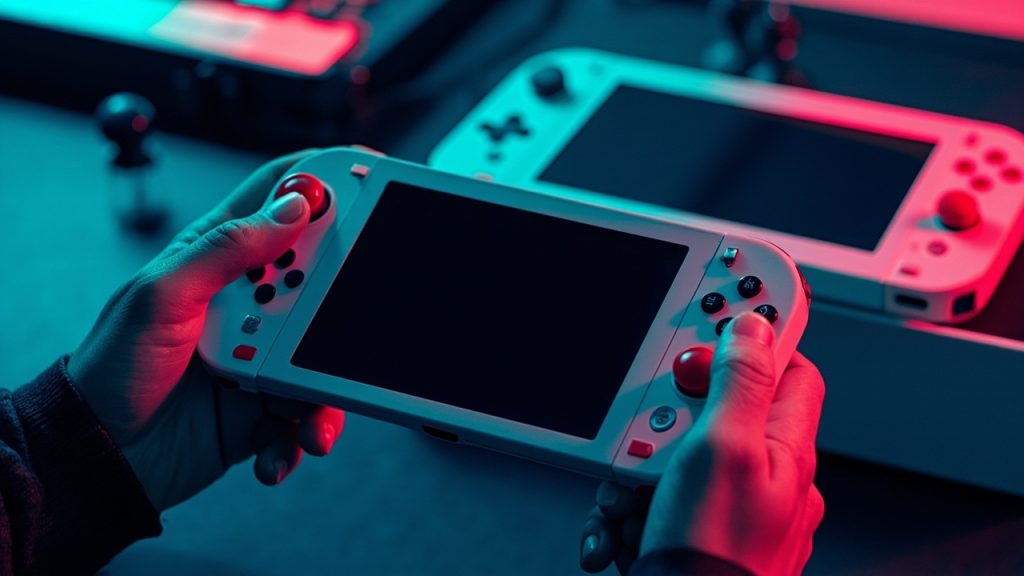 Illustration: A white handheld gaming console with a central screen, a black directional pad, red action buttons, and dual analog sticks is being held in someone's hands, with a similar unit visible in the background.