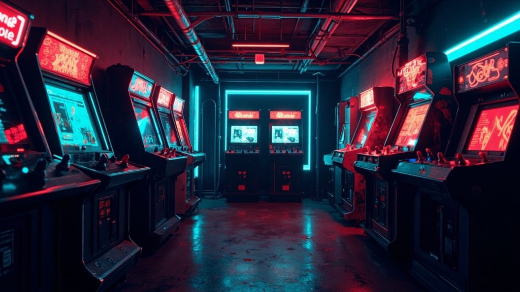 Illustration of a neon-lit retro arcade interior