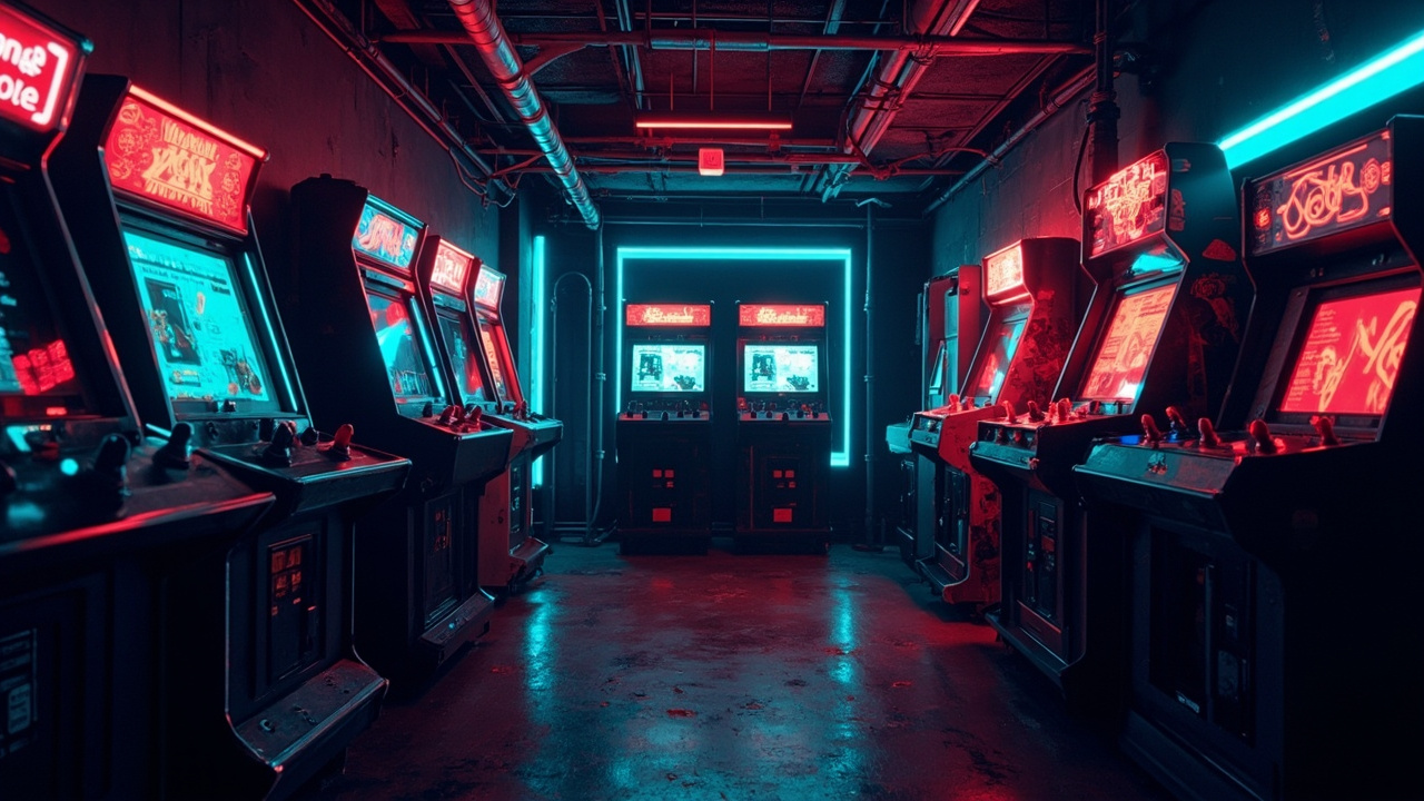 Illustration of a neon-lit retro arcade interior