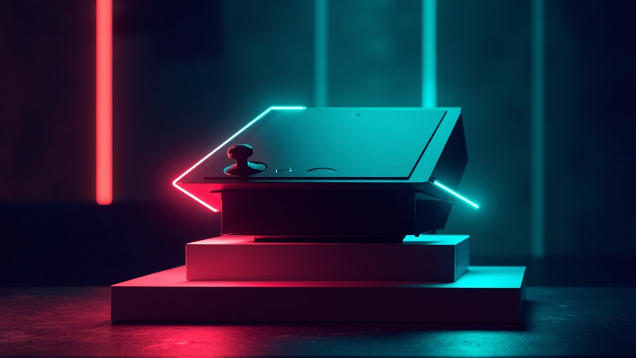 Illustration of retro gaming hardware in synthwave style
