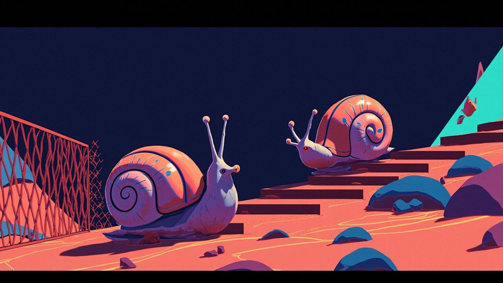 Illustration: Two large, snail-like creatures with decorated shells ascend a flight of striped steps in a sandy, fenced environment rendered in a retro 3D video game style.