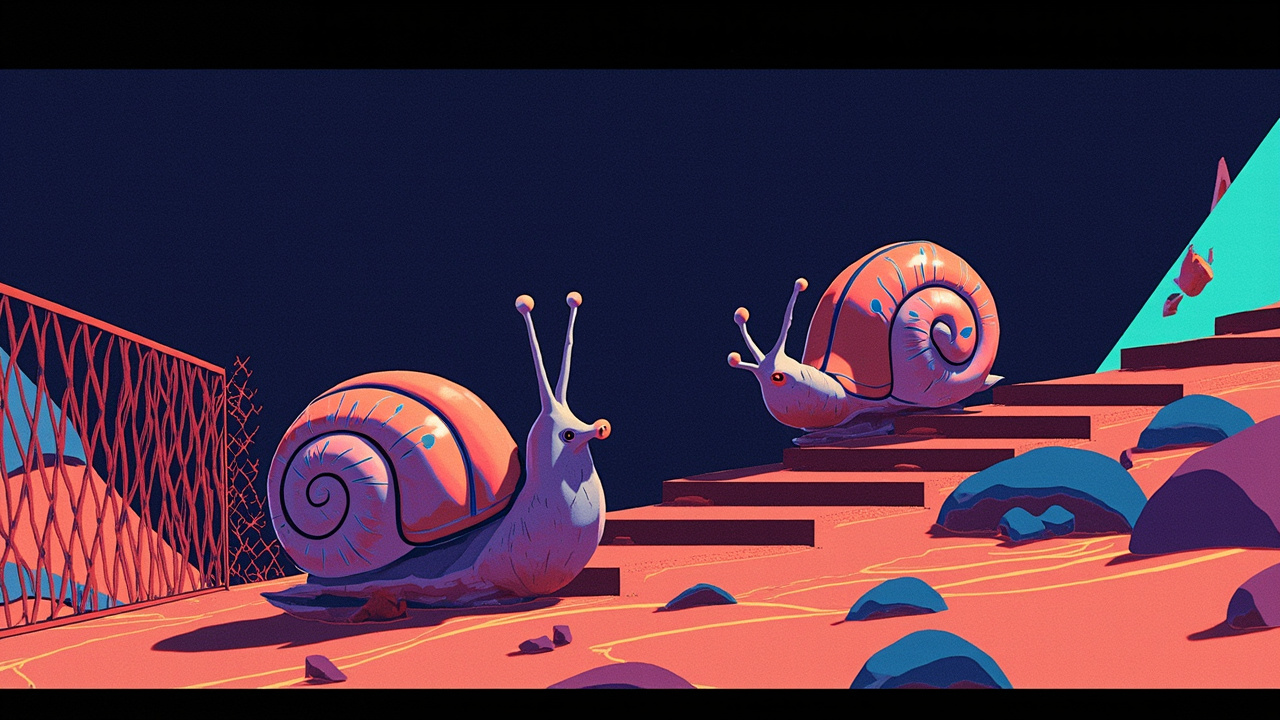 Illustration: Two large, snail-like creatures with decorated shells ascend a flight of striped steps in a sandy, fenced environment rendered in a retro 3D video game style.