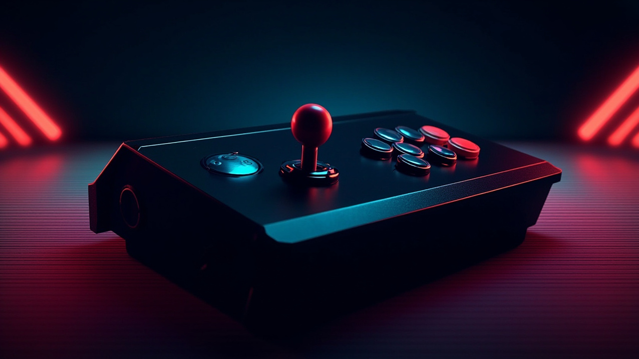 Illustration: A sleek black arcade-style fight stick controller featuring a joystick on the left and a curved row of action buttons on the right, set against a dark gradient background.