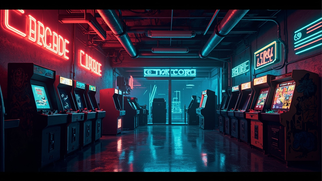 Illustration of a neon-lit retro arcade interior